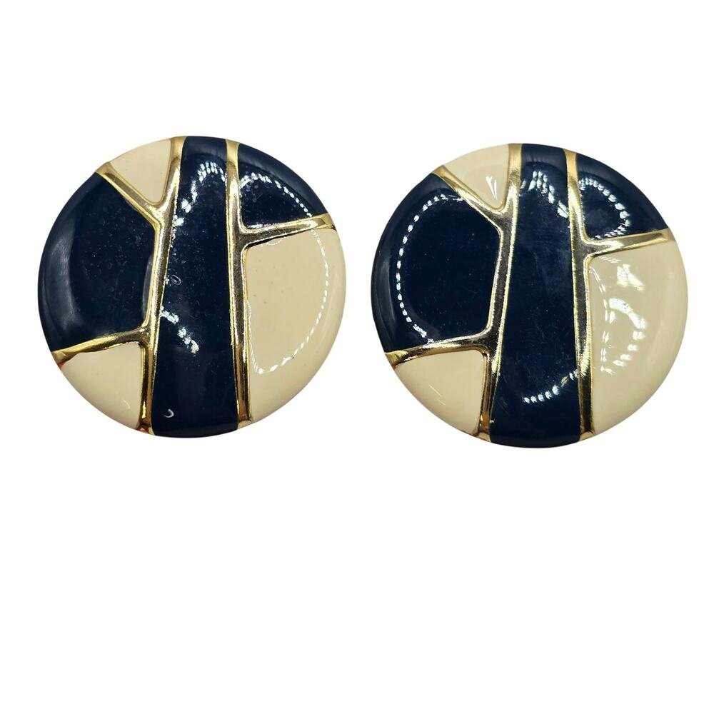 Earrings Round Navy Cream Enamel Gold Tone Geometric Retro Bold Clip On SKU 3008
